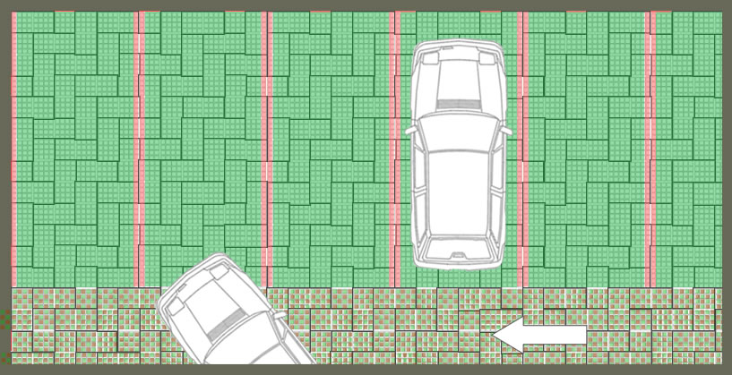 Parking perméable engazonné avec voie de circulation en damier pavés gazon