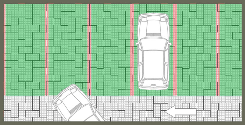 Parking perméable avec stationnements engazonnés et voie d'accès pavée