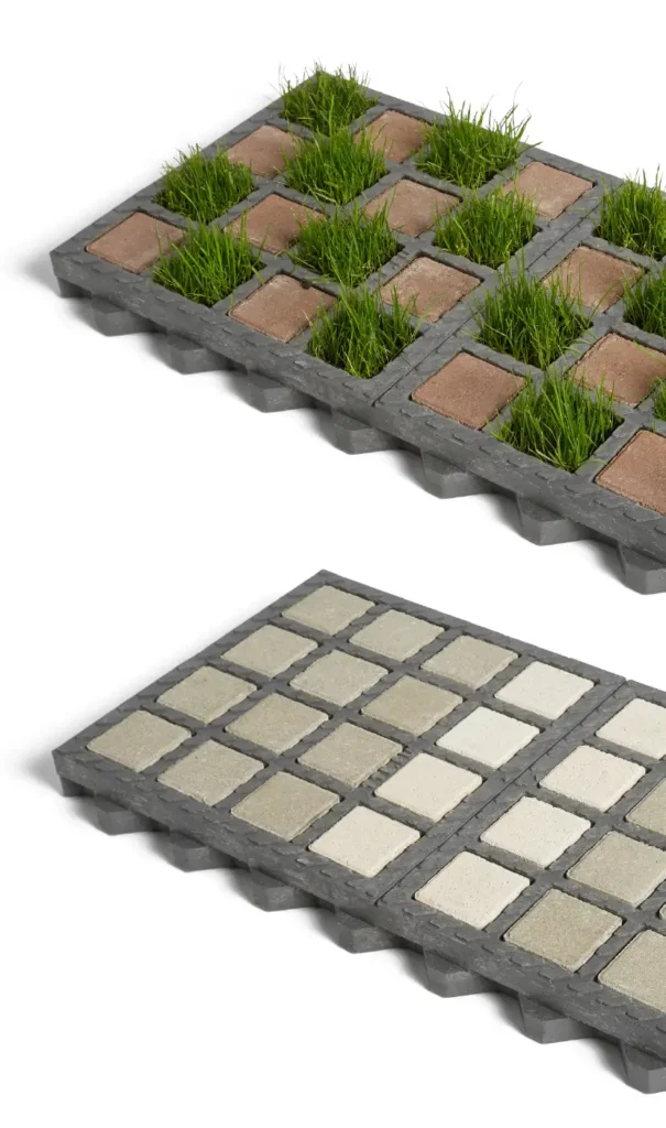 Parking paysager perméable en dalles damier pavés gazon O2D